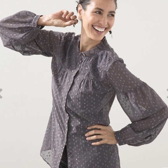 Chico’s Embroidered Metallic Blouse in Cool Gray Sz 1 ( 8) EUC - Picture 1 of 10
